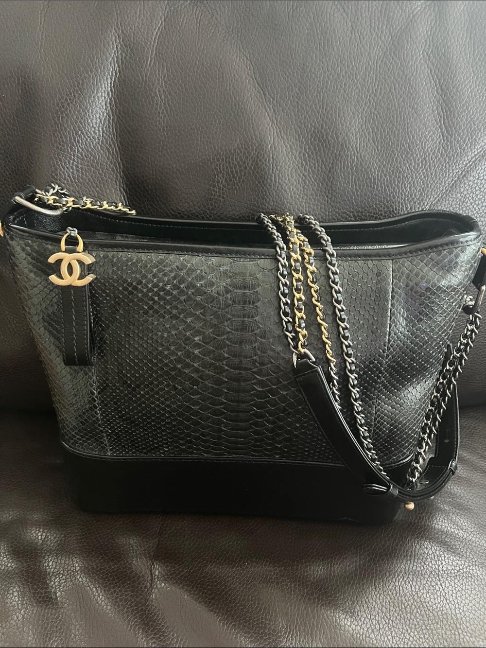 CHANEL Black Python Exotic Leather Gabrielle Hobo/ Shoulder/ Crossbody Large Bag